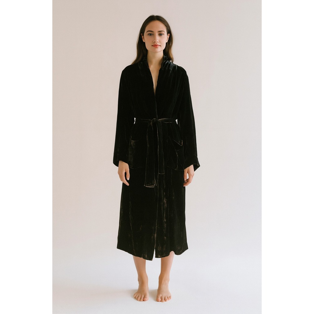 VTG Outback California‎ Velvet Robe Duster Coat M Blackk  Boho Western Lux